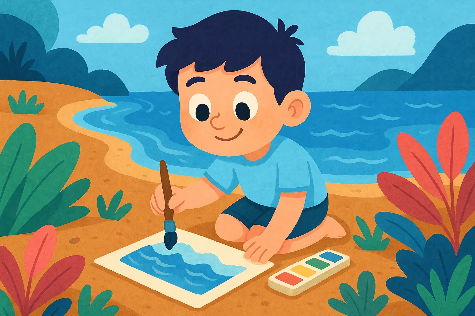 Ilustrasi anak menggambar di alam